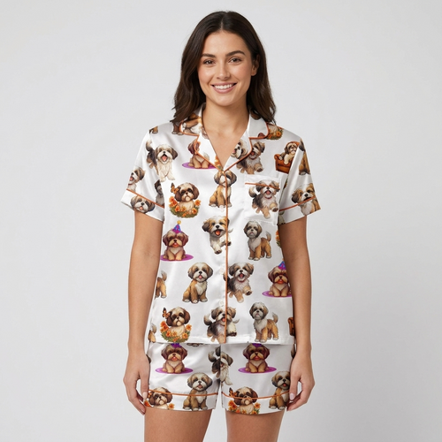 Women's satin pajama set with brown-and-white shih tzus in party hats, armchairs and autumn wreaths on white - short sleeve and shorts