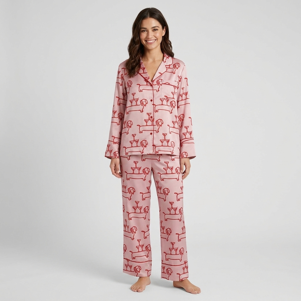 Women's long-sleeve satin pajama set with dachshunds and cocktail glasses in red line art on blush pink - long sleeve and pants