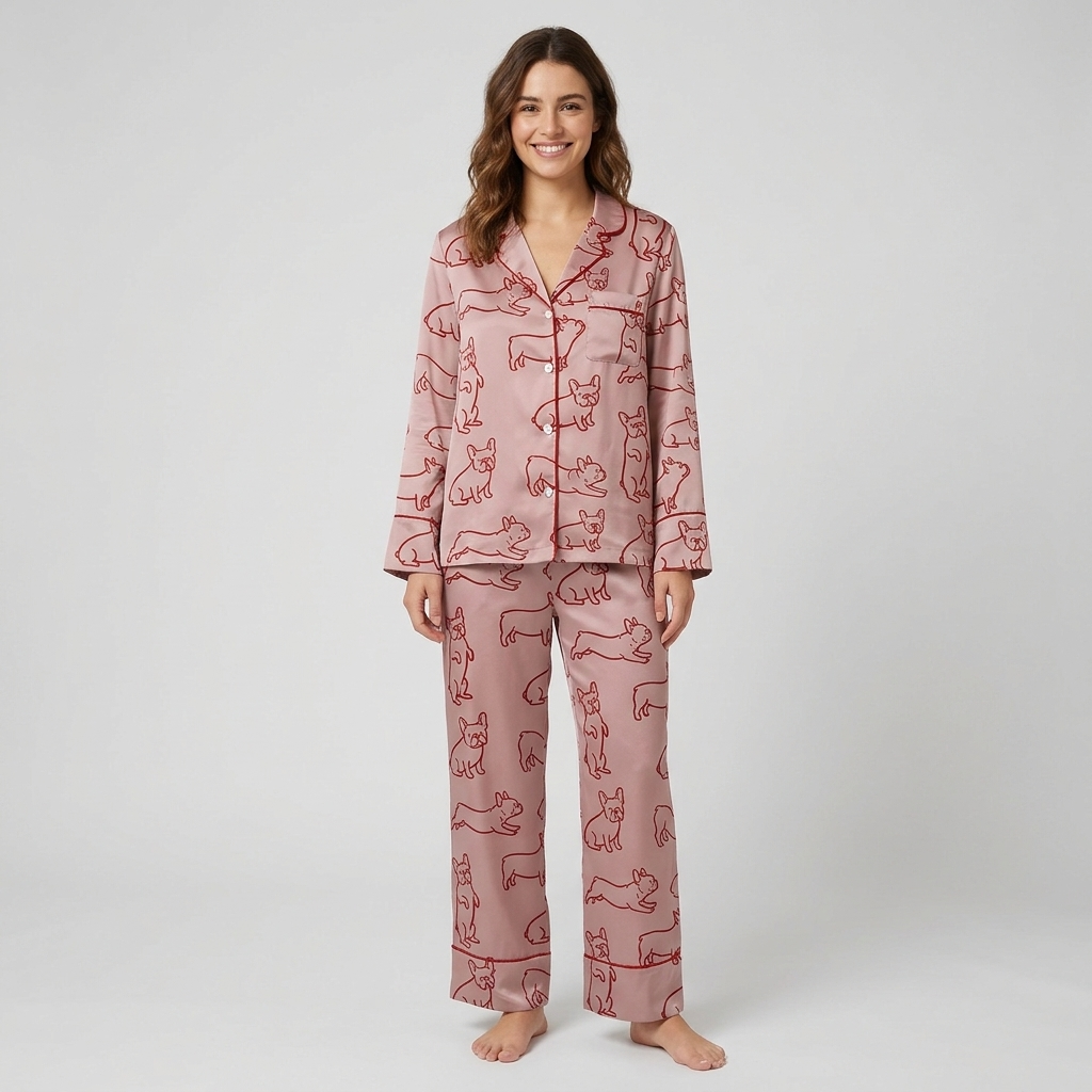 Women's satin pajama set with red line-art French bulldogs on dusty pink - long sleeve and pants