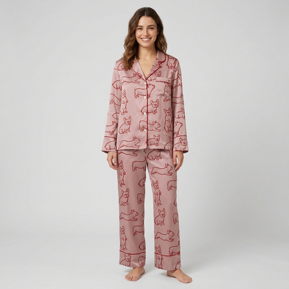 Women's satin pajama set with red line-art French bulldogs on dusty pink - long sleeve and pants