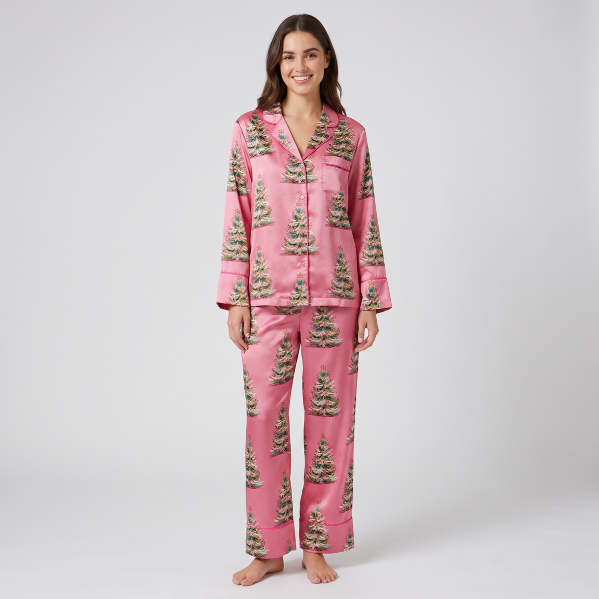 Flocked Trees On Pink Women's Pajama Set - long sleeve and pants