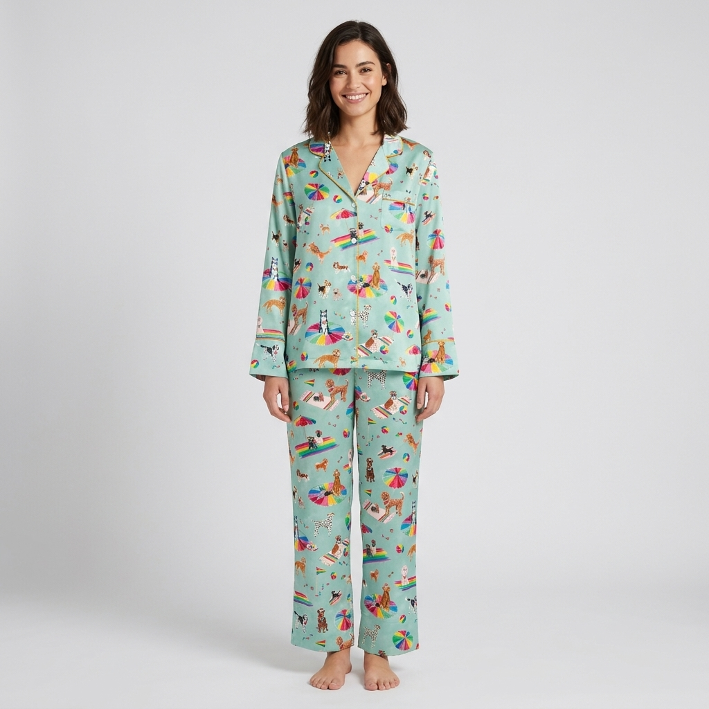 Women's satin pajama set with retrievers and beagles on rainbow beach umbrellas on seafoam green - long sleeve and pants
