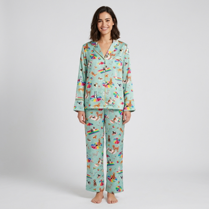 Women's satin pajama set with retrievers and beagles on rainbow beach umbrellas on seafoam green - long sleeve and pants