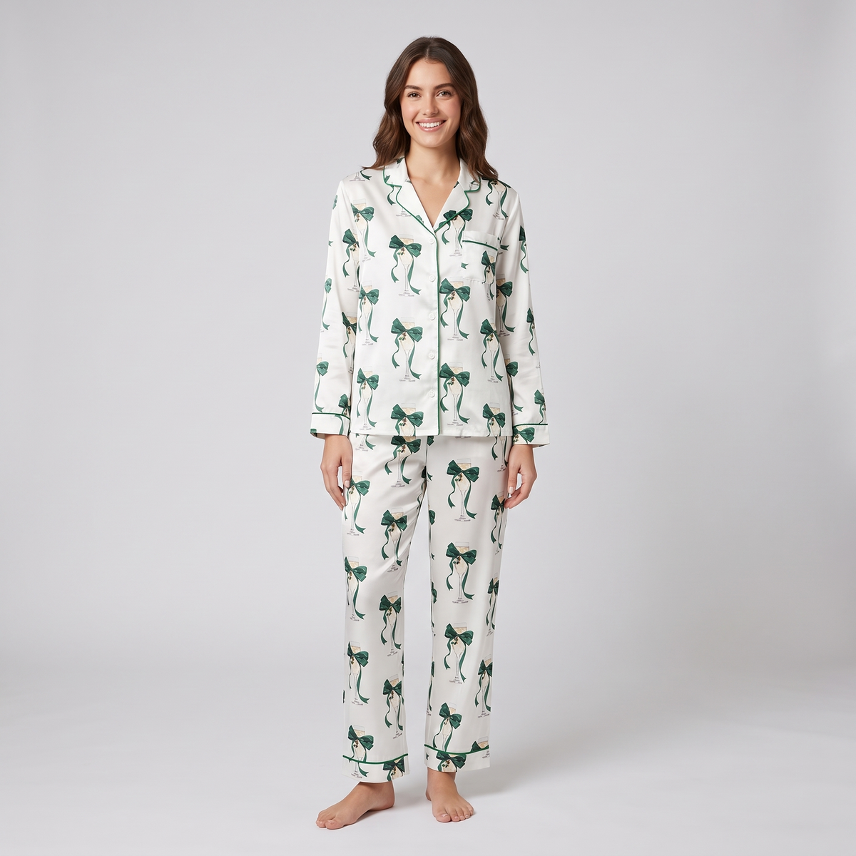 Green Bow Prosecco Party Women's Pajama Set - long sleeve and pants