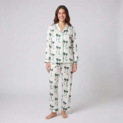 Green Bow Prosecco Party Women's Pajama Set - long sleeve and pants