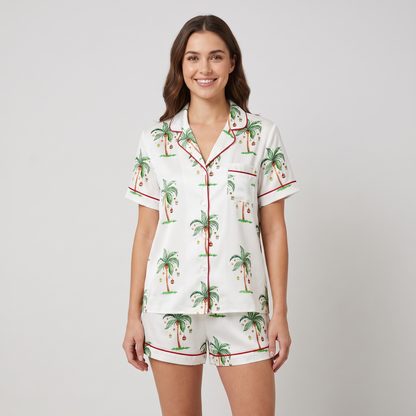 Tropical Ornament Palms Women's Pajama Set - short sleeve and shorts