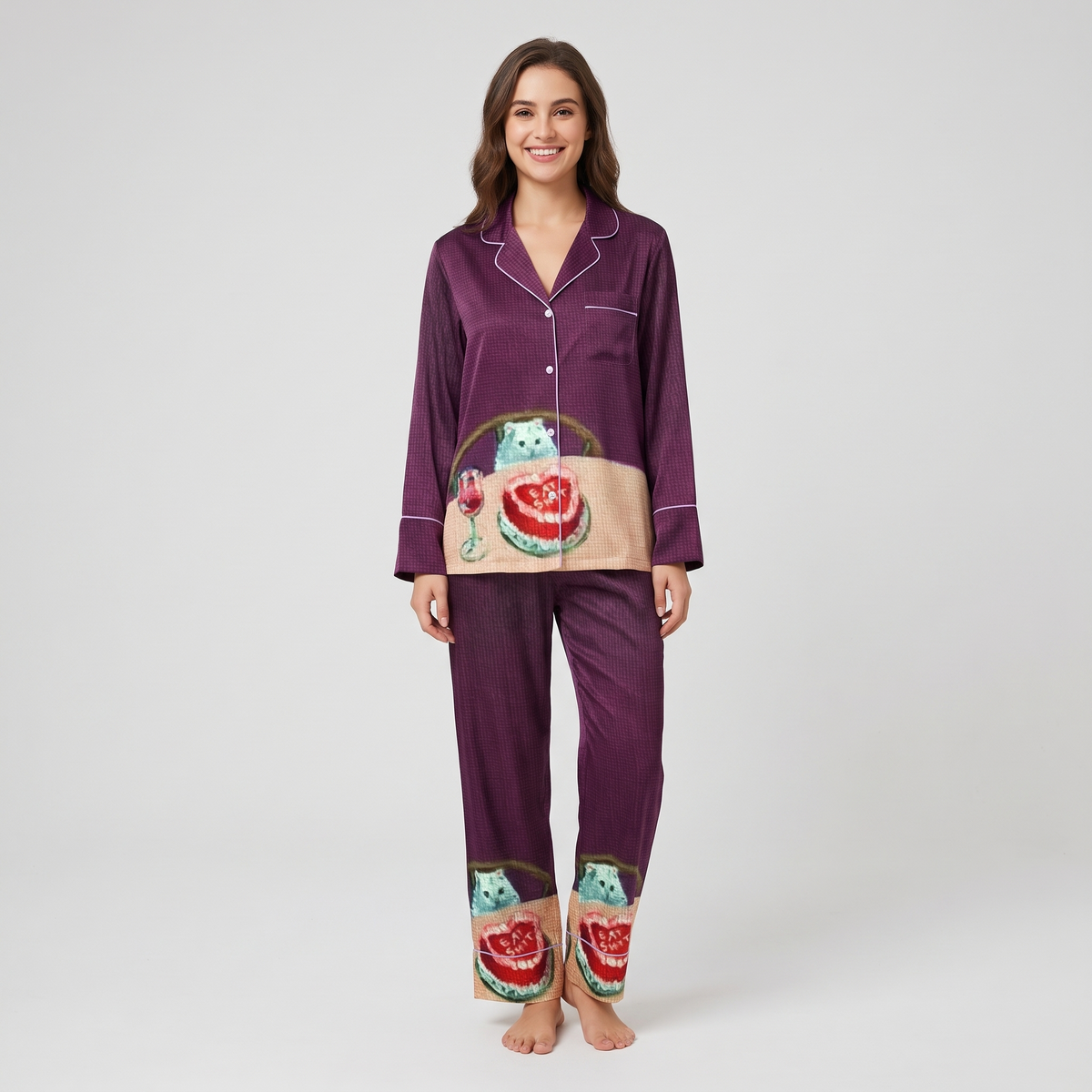 Cake and Wine Cat Women's Pajama Set - long sleeve and pants