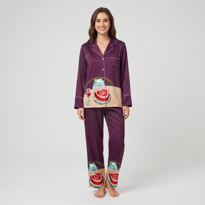Cake and Wine Cat Women's Pajama Set - long sleeve and pants