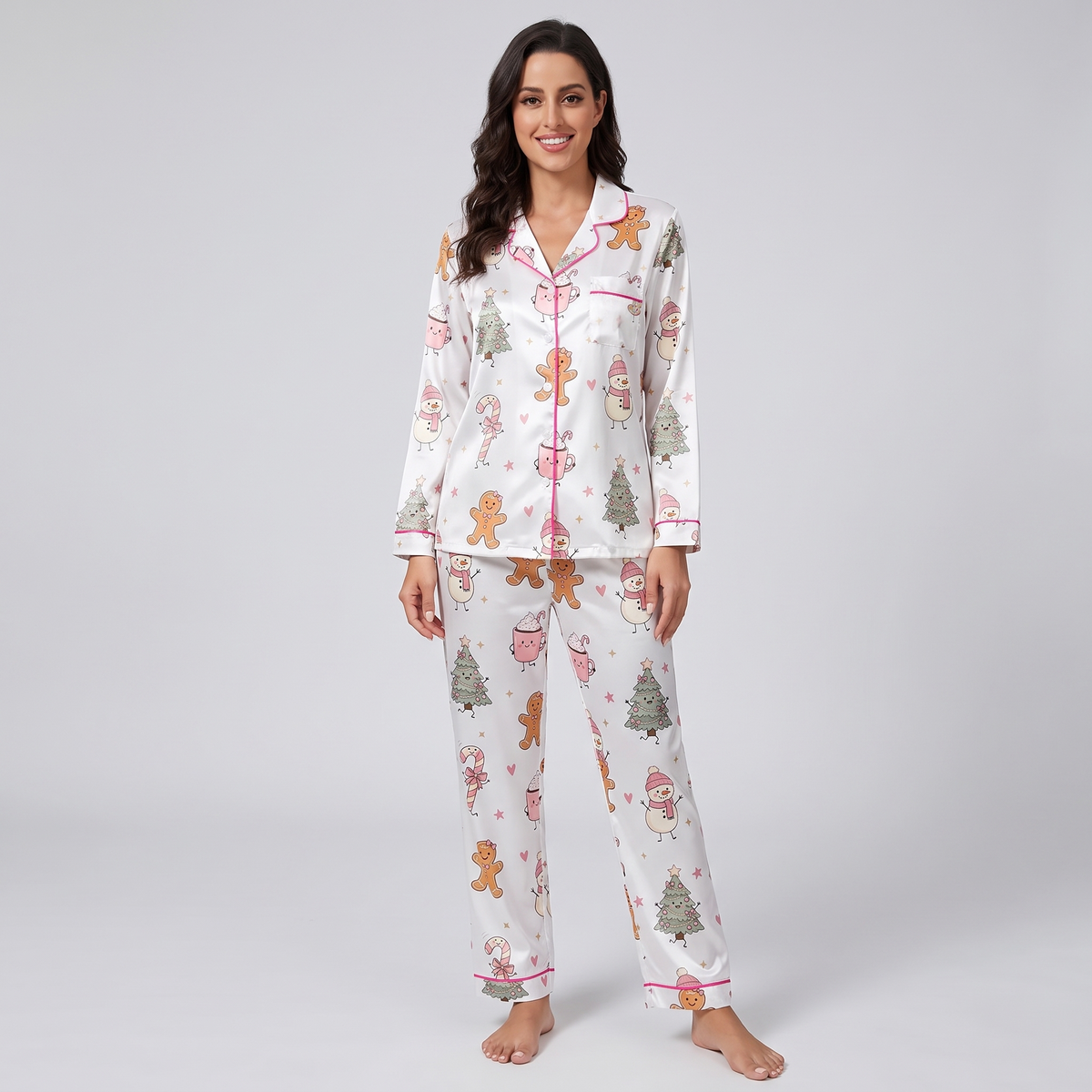 Pink Hot Cocoa Doodles Women's Pajama Set - long sleeve and pants