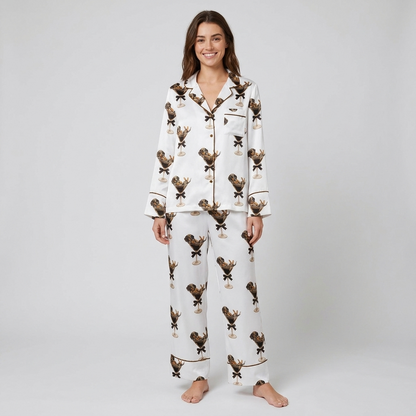 Women's satin pajama set with dachshunds lounging in martini glasses on white - long sleeve and pants