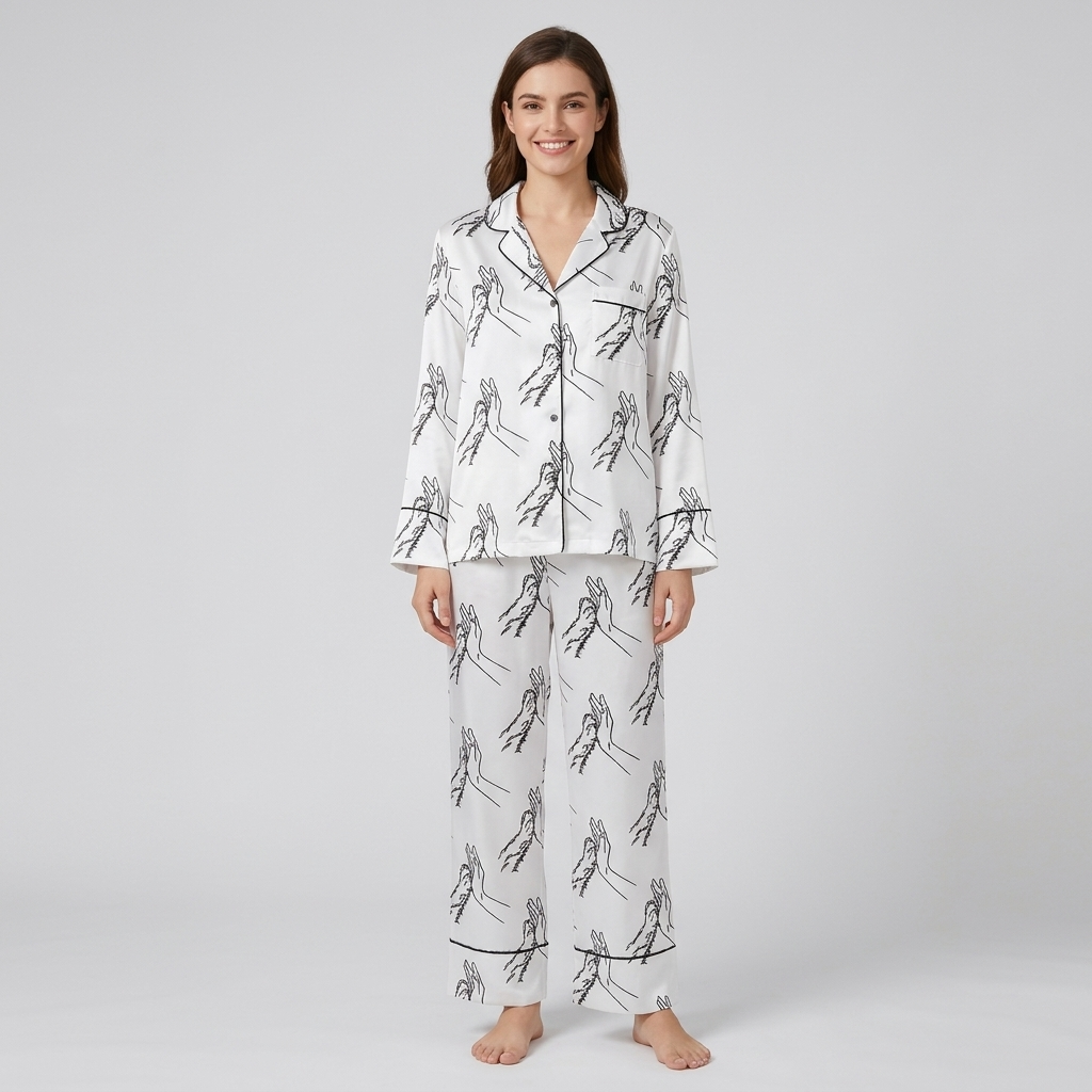 Women's satin pajama set with a black line drawing of a hand high-fiving a dog paw on white - long sleeve and pants