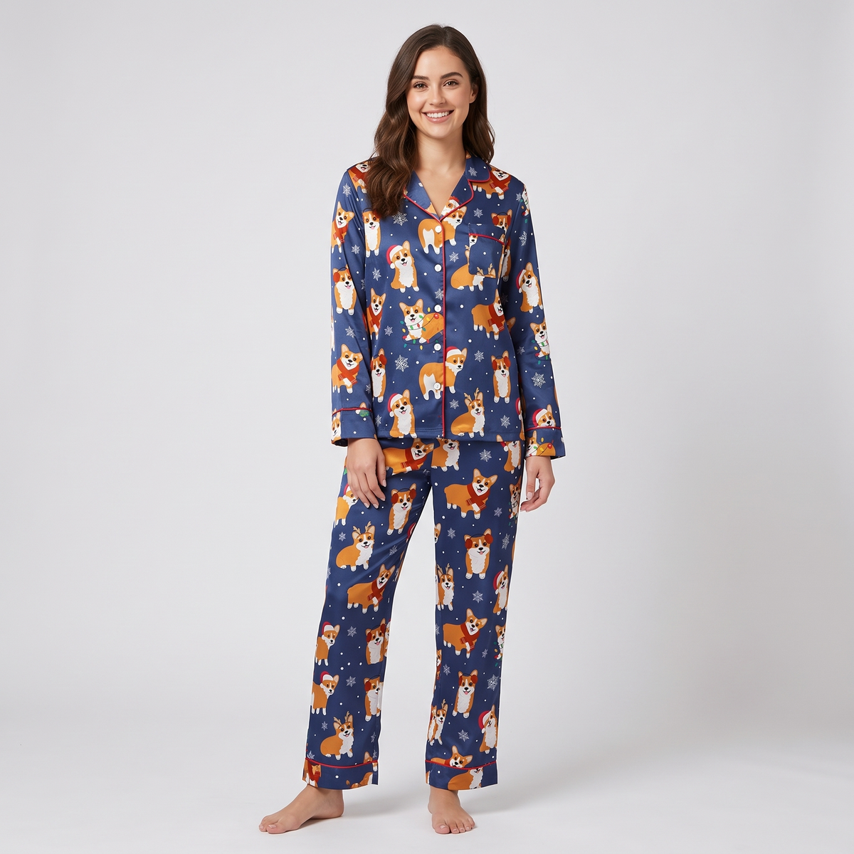Navy Corgi Christmas Women's Pajama Set - long sleeve and pants