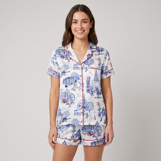 Blue Toile London Christmas Women's Pajama Set - short sleeve and shorts