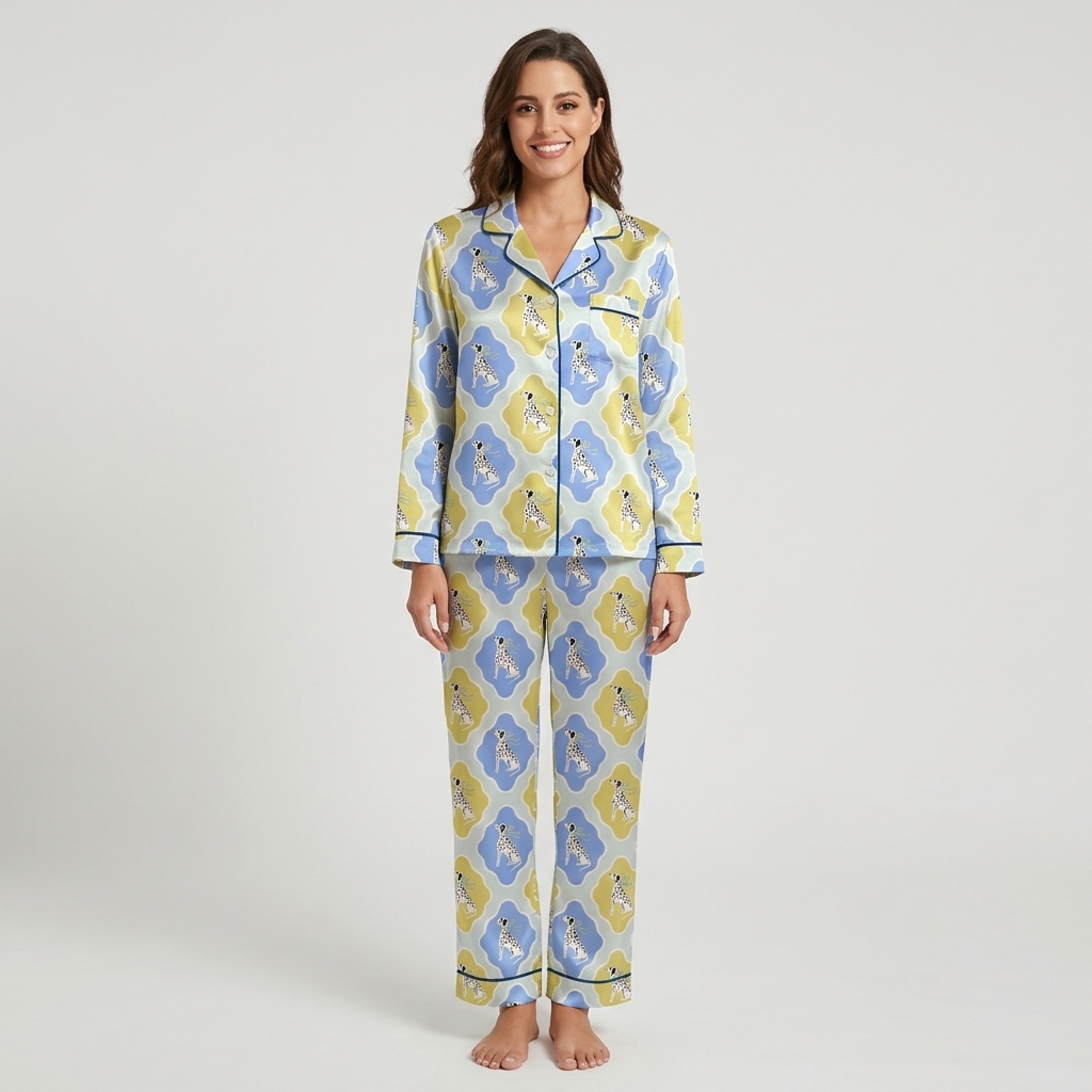 Women's satin pajama set with dalmatians in scalloped yellow and blue frames on light blue - long sleeve and pants