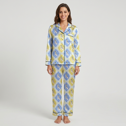 Women's satin pajama set with dalmatians in scalloped yellow and blue frames on light blue - long sleeve and pants