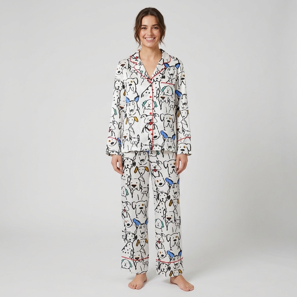 Women's long-sleeve satin pajama set with dalmatians and line-drawn dogs in black ink on white - long sleeve and pants