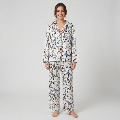 Women's long-sleeve satin pajama set with dalmatians and line-drawn dogs in black ink on white - long sleeve and pants