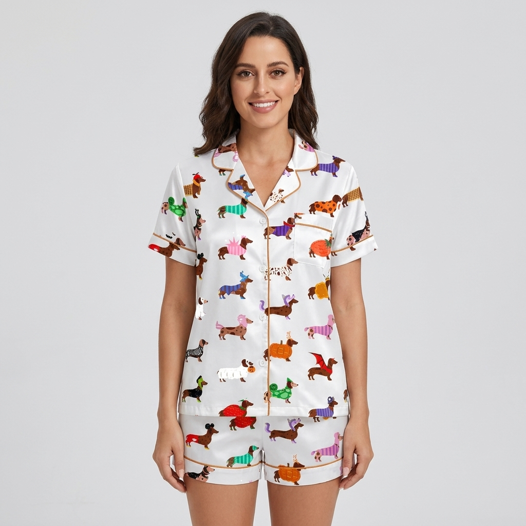 Women's satin pajama set with dachshunds in orange, teal, purple and red coats and costumes on white - short sleeve and shorts