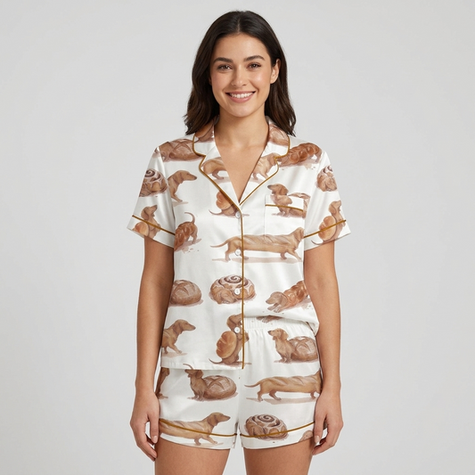 Women's satin pajama set with dachshunds curled like bread loaves beside cinnamon buns on white - short sleeve and shorts