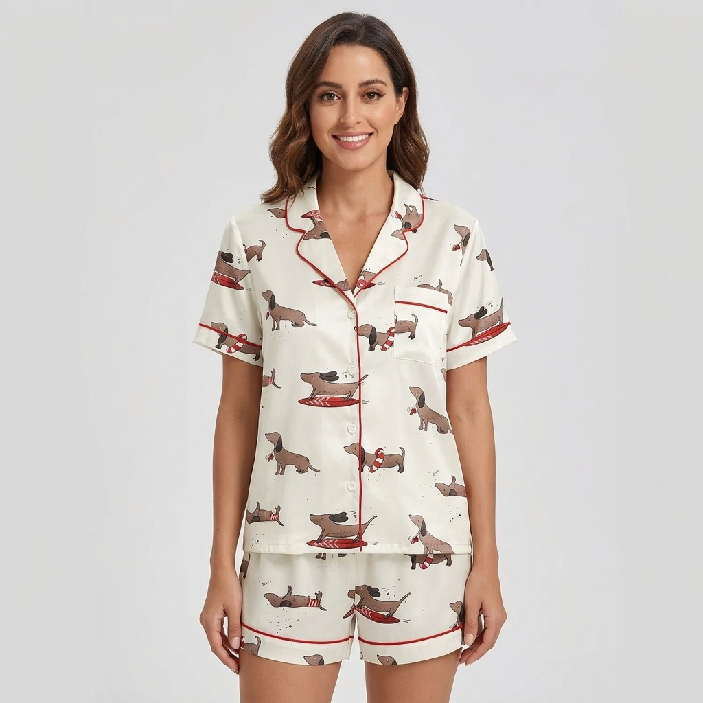 Women's satin pajama set with dachshunds on red surfboards and swim rings on white - short sleeve and shorts