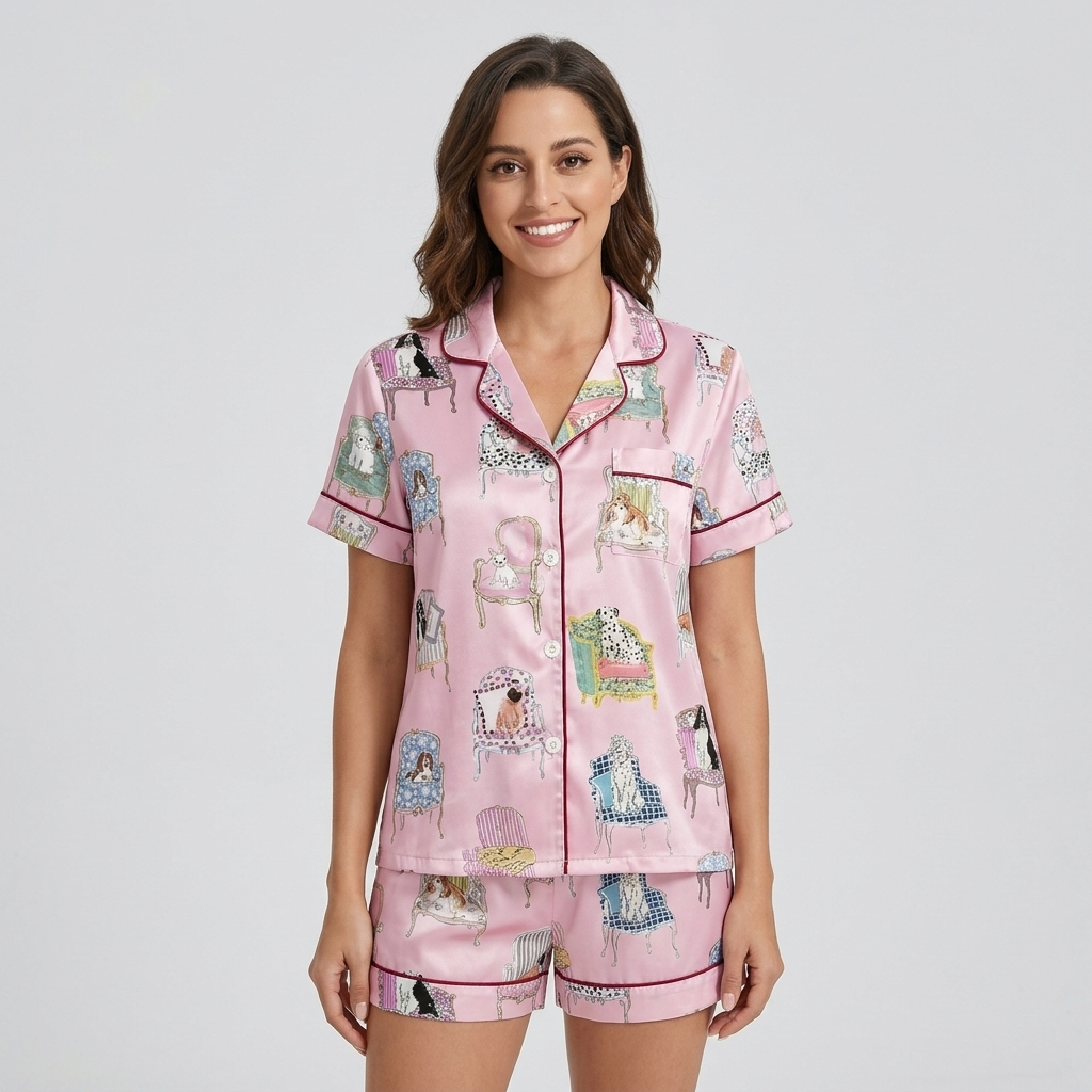 Women's long-sleeve satin pajama set with spaniels lounging on tufted armchairs on pink - short sleeve and shorts