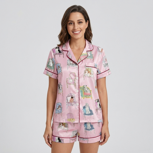 Women's long-sleeve satin pajama set with spaniels lounging on tufted armchairs on pink - short sleeve and shorts