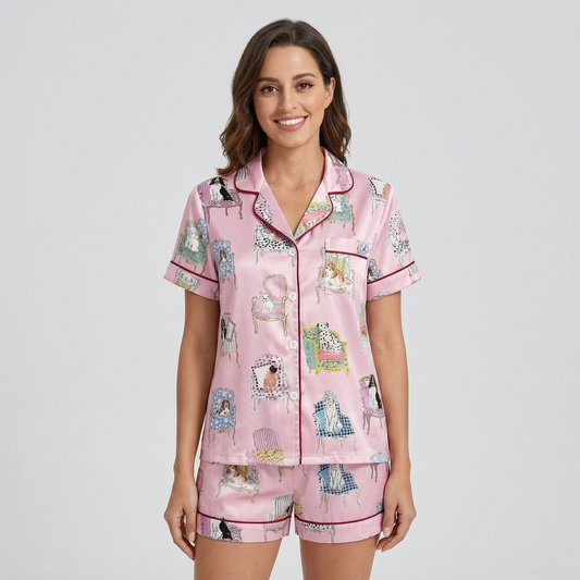 Women's long-sleeve satin pajama set with spaniels lounging on tufted armchairs on pink - short sleeve and shorts