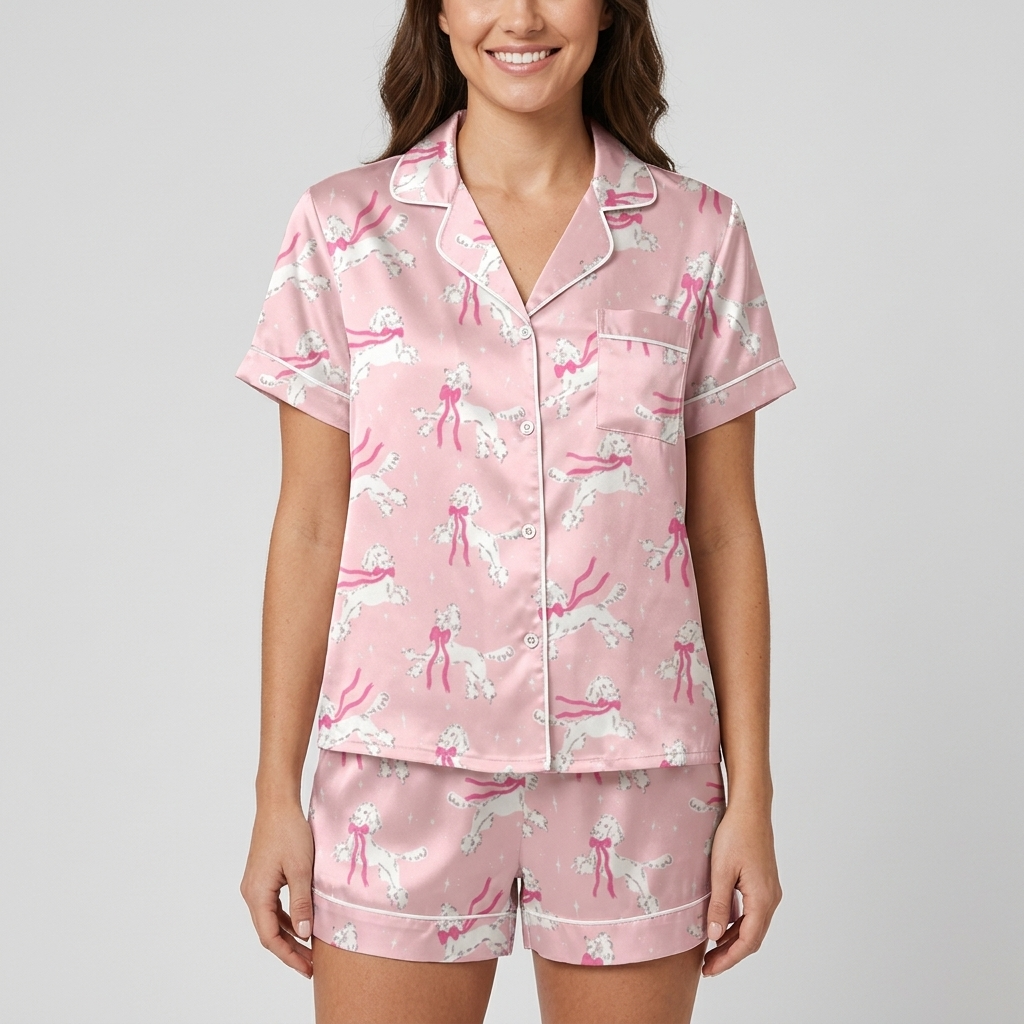 Women's satin pajama set with white poodles trailing hot pink ribbons on soft pink - short sleeve and shorts
