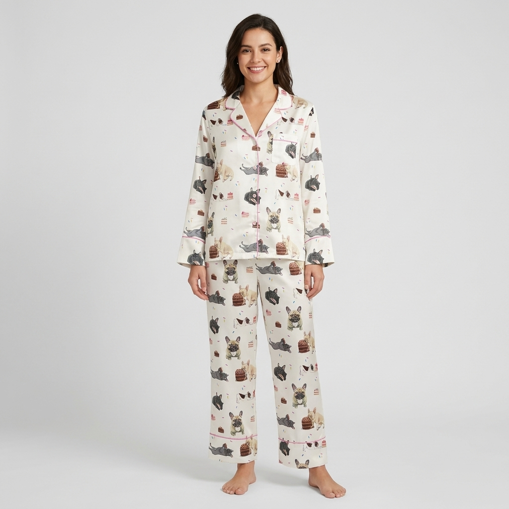 Women's satin pajama set with cream, fawn and gray French bulldogs between birthday cakes and strawberries on white - long sleeve and pants