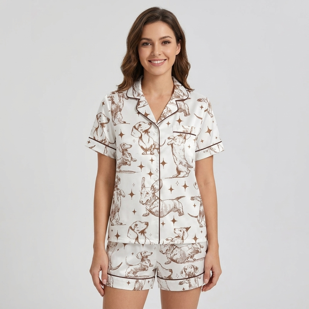Women's long-sleeve satin pajama set with dachshunds among stars and crescent moons in brown line art on white - short sleeve and shorts