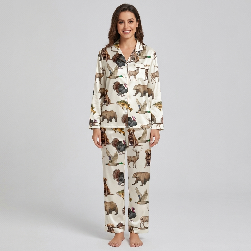 Women's satin pajama set with chocolate and yellow Labradors, mallards, deer, bears and bass on white - long sleeve and pants