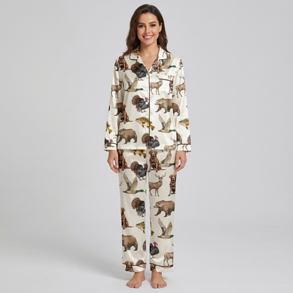 Women's satin pajama set with chocolate and yellow Labradors, mallards, deer, bears and bass on white - long sleeve and pants