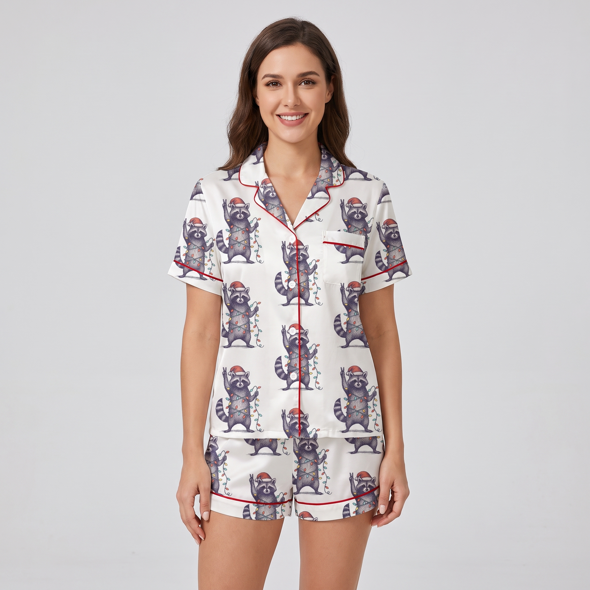 Feral & Festive Raccoons Women's Pajama Set - short sleeve and shorts