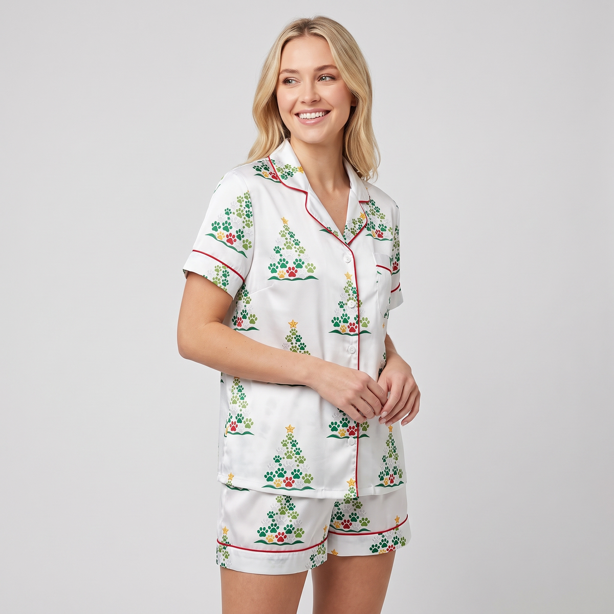 Paw Print Christmas Trees Women's Pajama Set - short sleeve and shorts