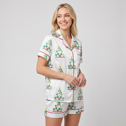 Paw Print Christmas Trees Women's Pajama Set - short sleeve and shorts