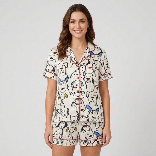 Women's long-sleeve satin pajama set with dalmatians and line-drawn dogs in black ink on white - short sleeve and shorts