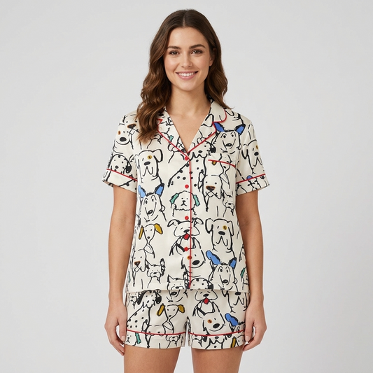Women's long-sleeve satin pajama set with dalmatians and line-drawn dogs in black ink on white - short sleeve and shorts