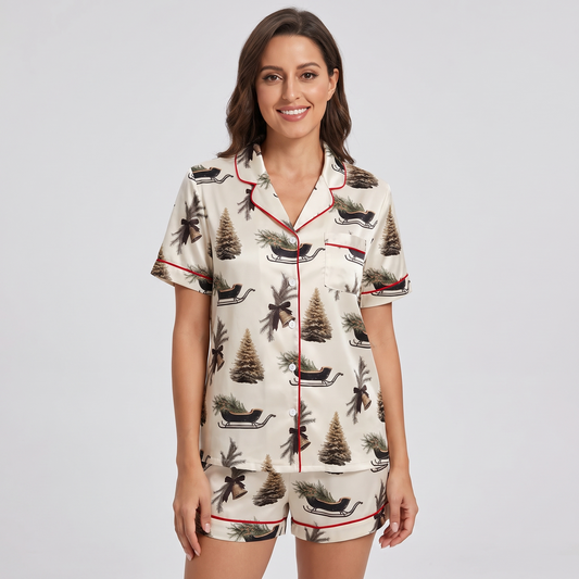 Christmas Bells & Brown Bows Women's Pajama Set - short sleeve and shorts