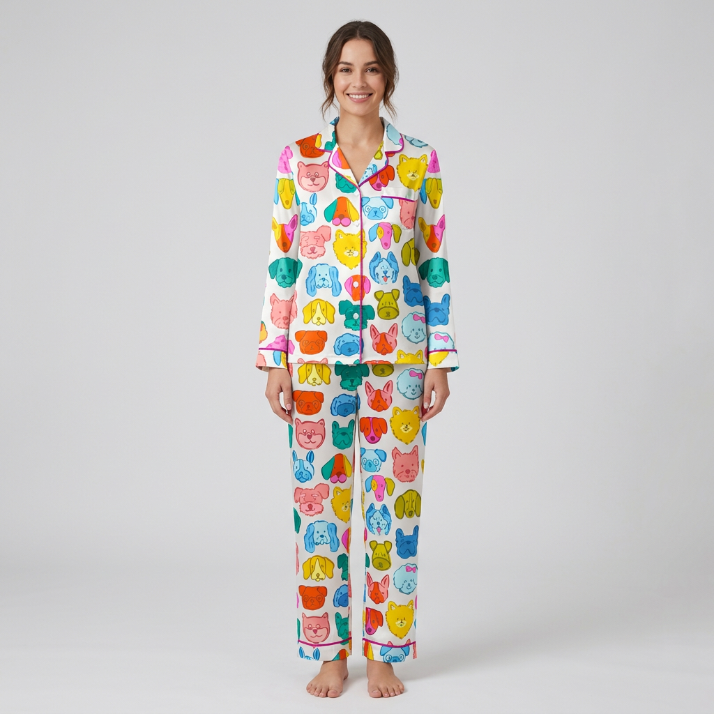 Women's satin pajama set with cartoon dog faces in hot pink, yellow, turquoise, orange and lime on white - long sleeve and pants