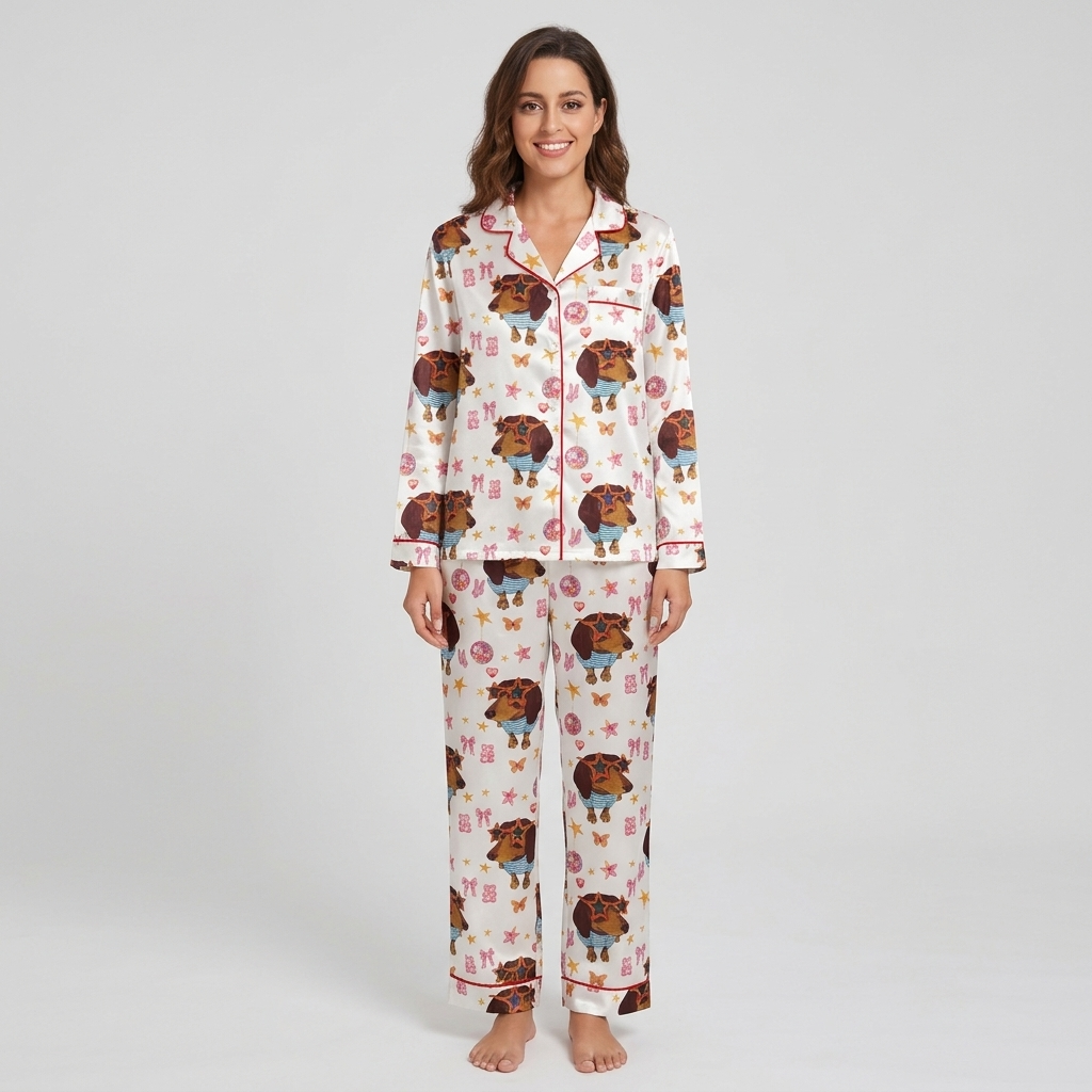 Women's satin pajama set with dachshunds in star sunglasses, pink bows and butterflies on white with red piping - long sleeve and pants