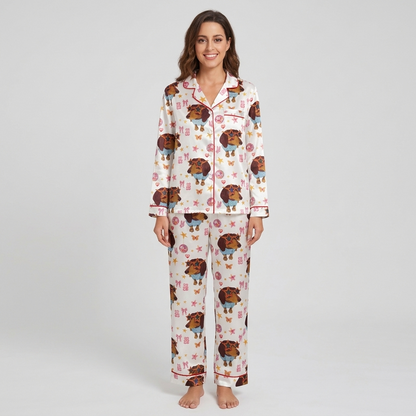 Women's satin pajama set with dachshunds in star sunglasses, pink bows and butterflies on white with red piping - long sleeve and pants
