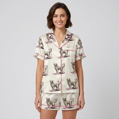 Women's satin pajama set with sketched golden retrievers skiing on pink skis on snowy white - short sleeve and shorts