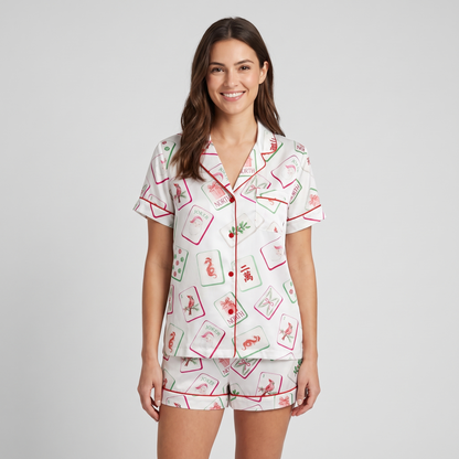 Watercolor Mahjong Women's Pajama Set - short sleeve and shorts