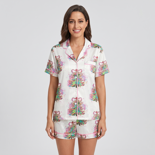 Rainbow Tinsel Trees Women's Pajama Set - short sleeve and shorts