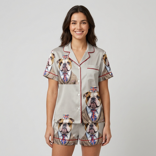 Women's satin pajama set with an English bulldog in a tweed jacket balancing a teacup on cream - short sleeve and shorts