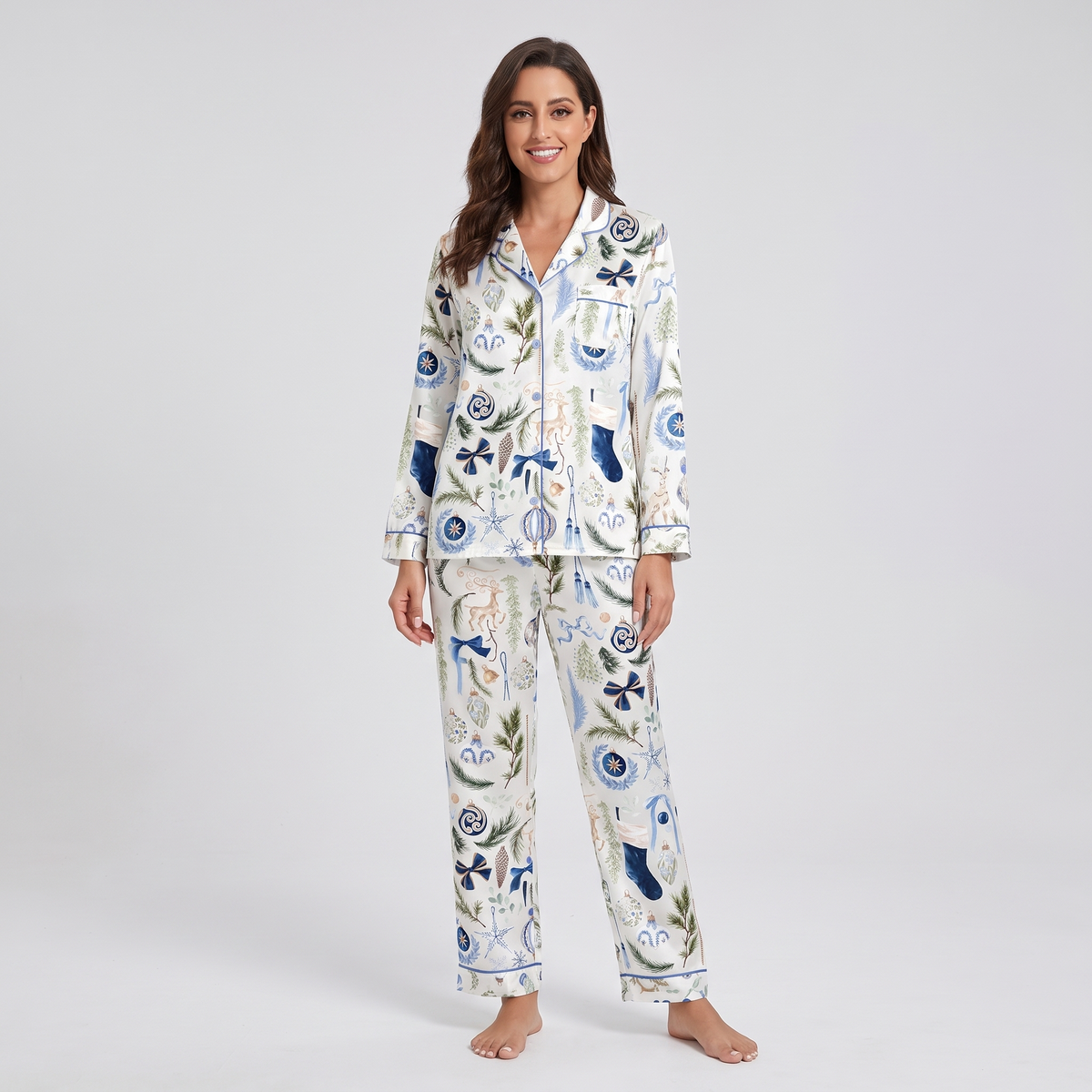 Royal Blue Watercolor Christmas Women's Pajama Set - long sleeve and pants