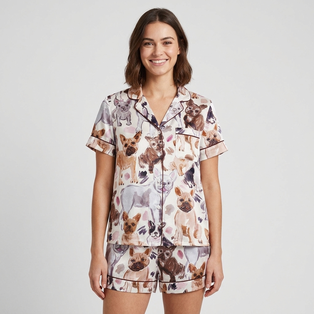 Women's long-sleeve satin pajama set with painted fawn, brindle and gray French bulldog portraits on white - short sleeve and shorts