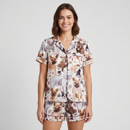 Women's long-sleeve satin pajama set with painted fawn, brindle and gray French bulldog portraits on white - short sleeve and shorts