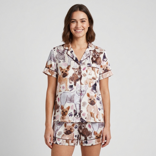 Women's long-sleeve satin pajama set with painted fawn, brindle and gray French bulldog portraits on white - short sleeve and shorts