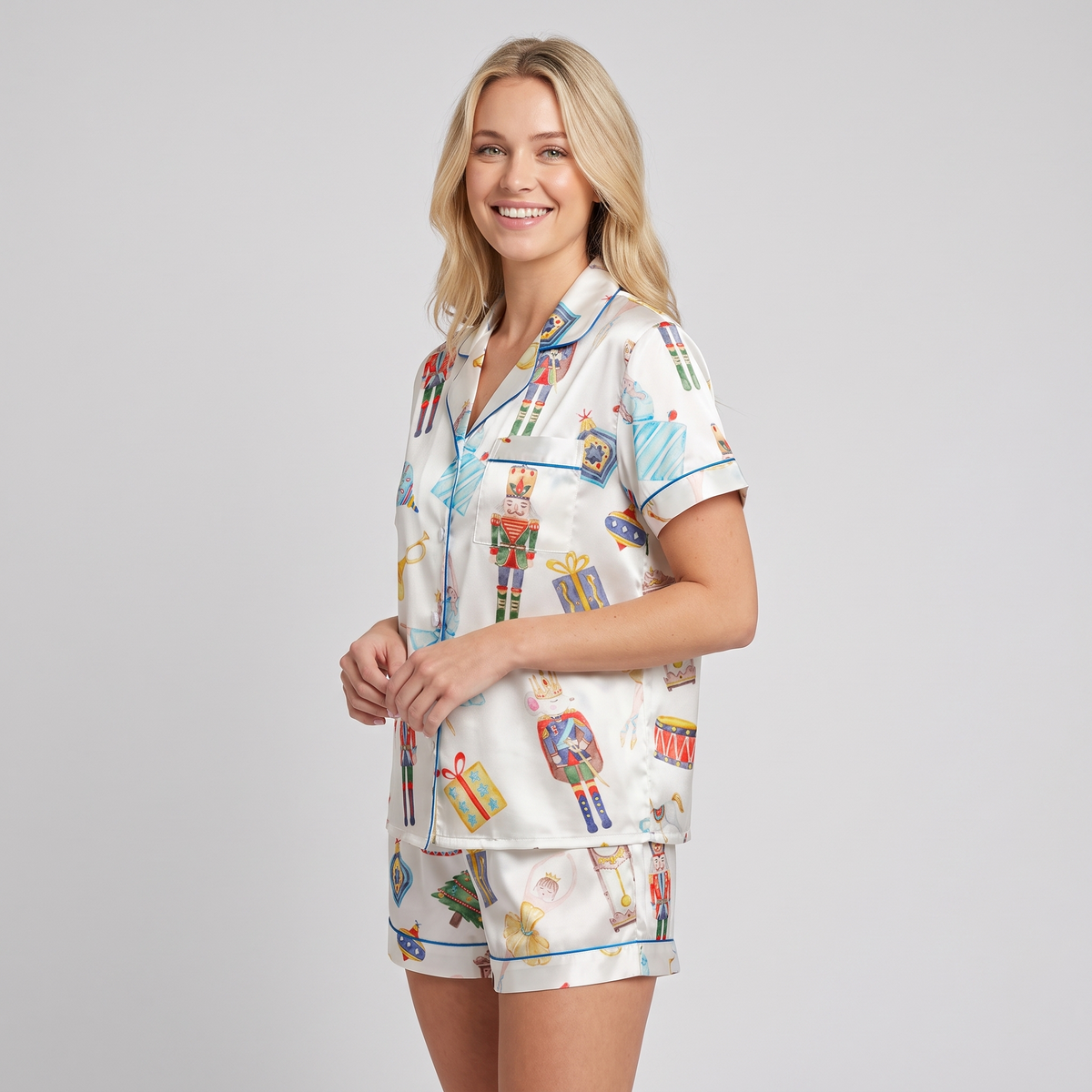 Blue Watercolor Nutcracker Women's Pajama Set - short sleeve and shorts